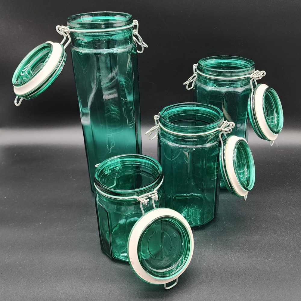 Unbranded Set of 4 Green Glass Octagonal Canisters Wire Bail Lids Vintage Style